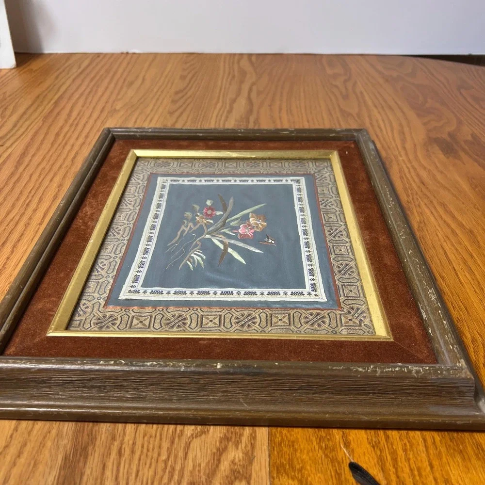 VTG Asian Silk Embroidery Framed Floral Bird Art Blue Silk Textile Wall Decor